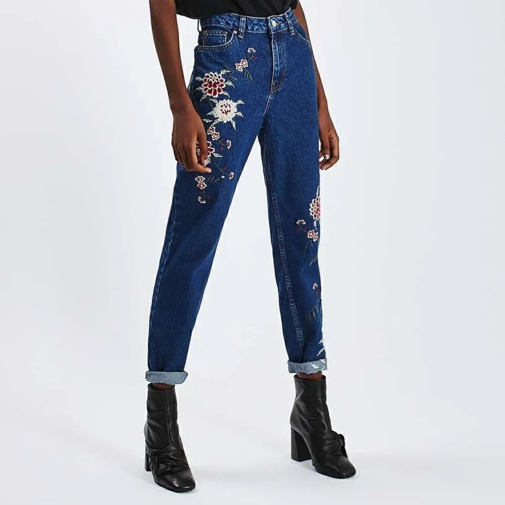 Topshop Dark Blue Embroidered Mom Jeans in Size W28 L32